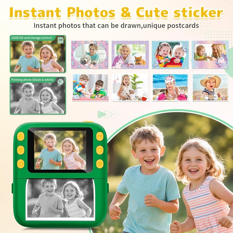 Yusuuo Instant Print Camera for Kids, Christmas Birthday Gifts for Girls Boys, 1080P Instant Digital Print Cameras for Toddler,Portable Toy for 4 5 6 7 8 9 10 Year Old Girl with 32GB SD Card，Green - Image 3